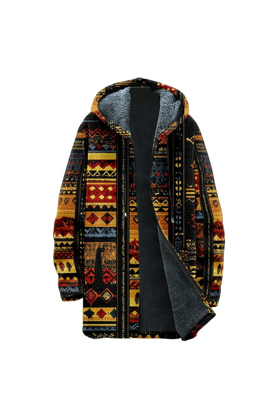 Men's Thick Hooded Jacket, Retro Plaid Print Zipper Pocket Long Cotton Coat for Outdoor Winter Wear and Holiday Season,Brown,L