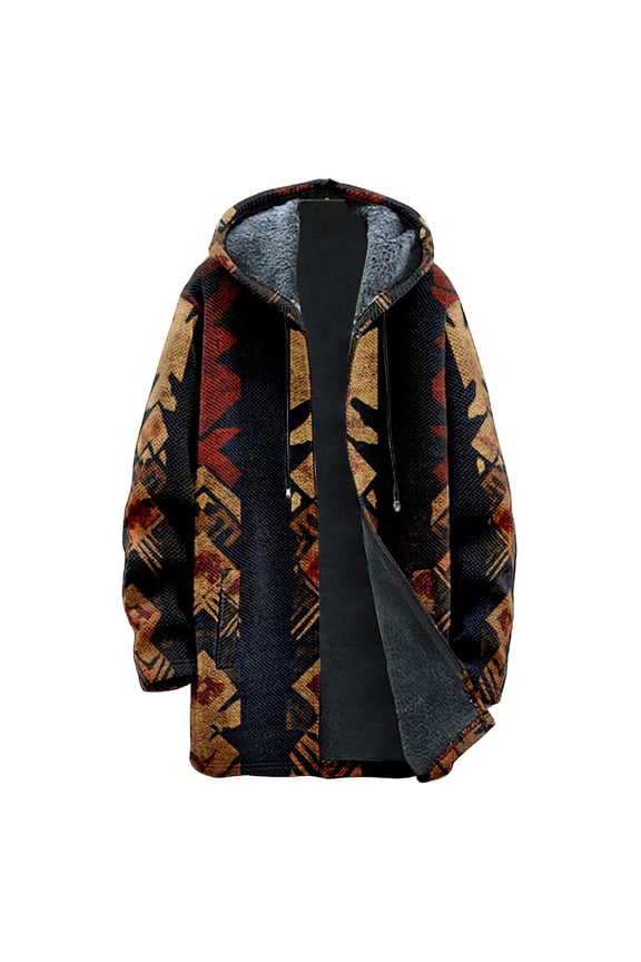 Men's Thick Hooded Jacket, Retro Plaid Print Zipper Pocket Long Cotton Coat for Outdoor Winter Wear and Holiday Season,Coffee,M