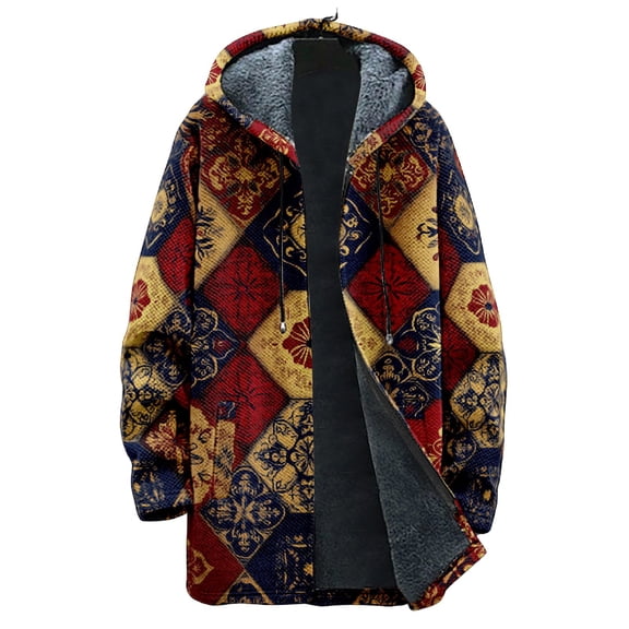 Men's Thick Hooded Jacket, Retro Plaid Print Zipper Pocket Long Cotton Coat for Outdoor Winter Wear and Holiday Season,Deep Red,3XL