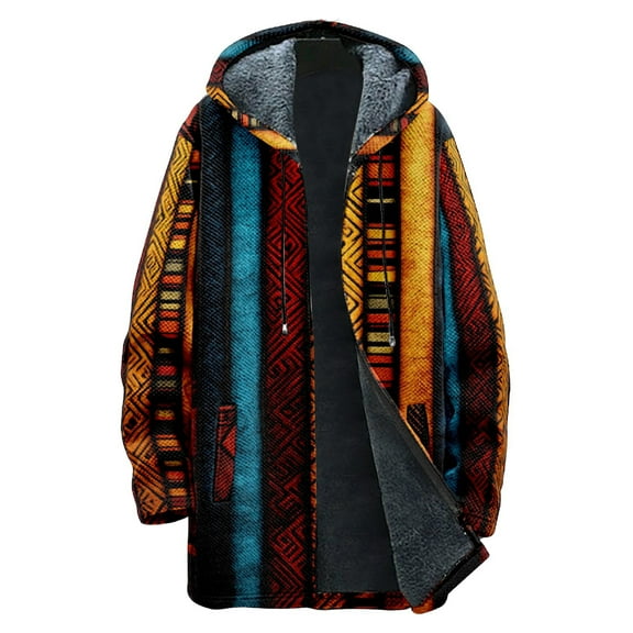 Men's Thick Hooded Jacket, Retro Plaid Print Zipper Pocket Long Cotton Coat for Outdoor Winter Wear and Holiday Season,Orange,L