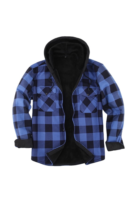 Men's Thick Plaid Hooded Flannel Shirt Jacket Plus Velvet Hooded Plaid Coat Casual Jacket