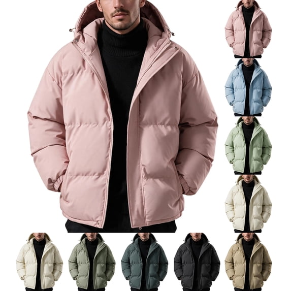 Men's Thick Puffer Jacket Solid Color Warm Hooded Winter Coat Stand Collar Zip Up Padded Outerwear for Daily