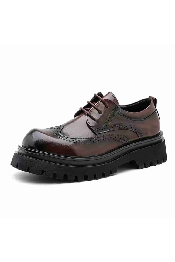 Men's Thick Sole Leather Brogue Derby Shoes, Chunky Sole Lace-Up Oxfords for Business Casual & Formal Wear