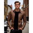 thumbnail image 1 of Men's Thick Vintage PU Leather Jacket, Youth Stand Collar Motorcycle Coat, Retro Style, Casual Wear, All Seasons, 1 of 9