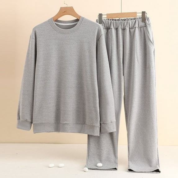 Men's Thick Warm Long Sleeve Pajamas Set Solid Color Polyester Pants Loungewear for Winter​​