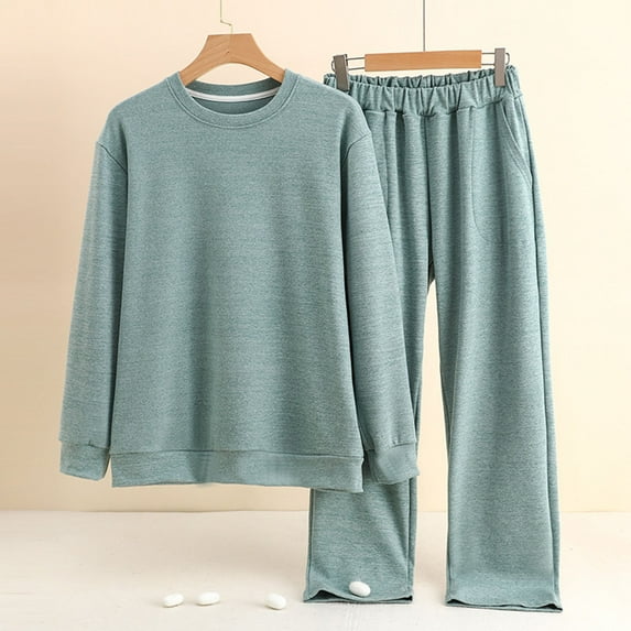 Men's Thick Warm Long Sleeve Pajamas Set Solid Color Polyester Pants Loungewear for Winter​​