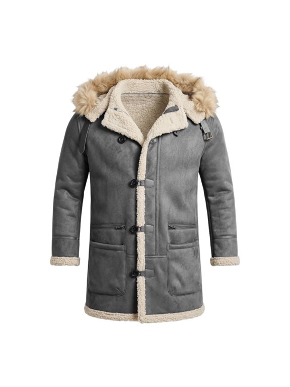 Men's Thick Warm Mid Long Jacket Outwear Suede Leather Hooded Winter Sherpa Lined Coat with Zip Pockets, Single Breasted, Fuzzy Hood Collar