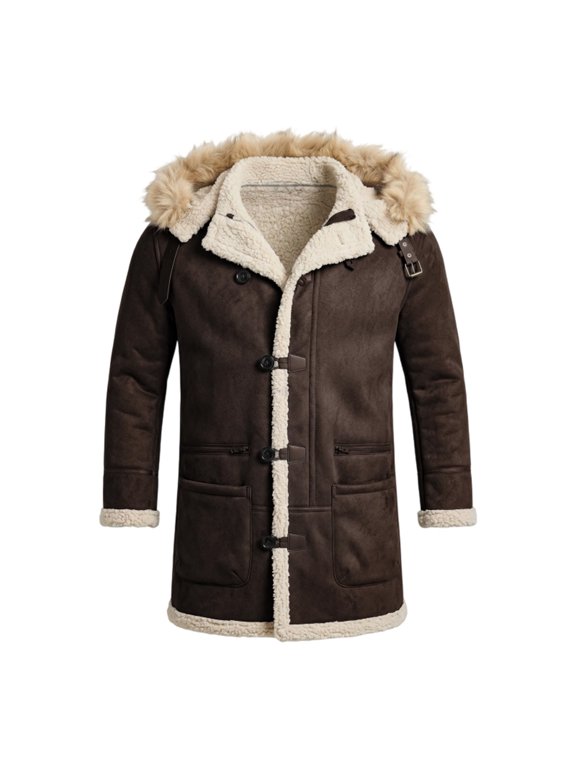 Men's Thick Warm Mid Long Jacket Outwear Suede Leather Hooded Winter Sherpa Lined Coat with Zip Pockets, Single Breasted, Fuzzy Hood Collar