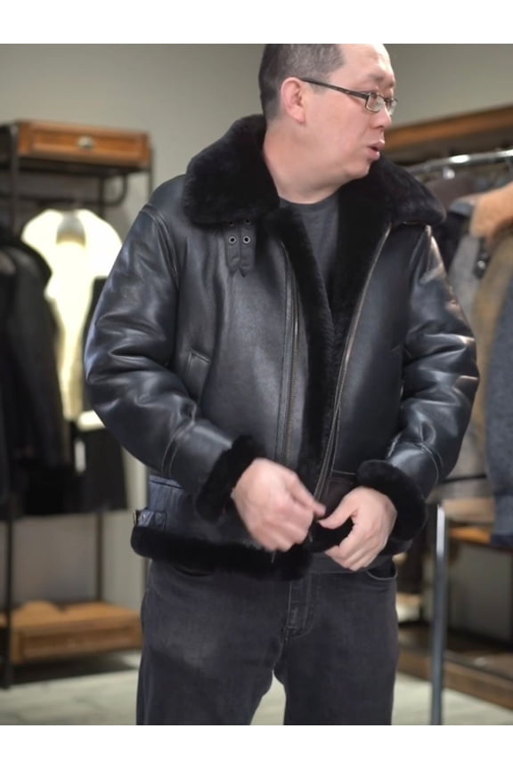 Men's Thick and Warm Winter Coat Genuine Sheepskin Lambskin Leather 100% Natural Real Shearling Wool Coat Black Plus Oversized 58 60 62 64,Black,54