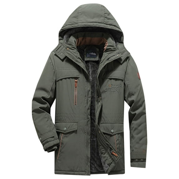 Men's Thicken Parka Jacket Fleece Lined Zipper Padded Long Jacket with Pockets Plus Size Winter Warm Thicken Windproof Coat
