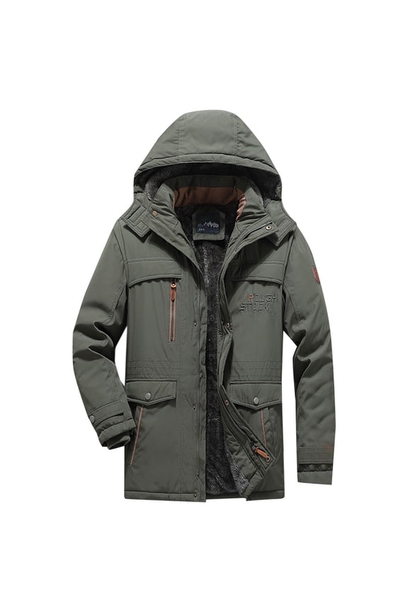 Men's Thicken Parka Jacket Fleece Lined Zipper Padded Long Jacket with Pockets Plus Size Winter Warm Thicken Windproof Coat