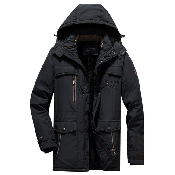 Men's Thicken Parka Jacket Fleece Lined Zipper Padded Long Jacket with Pockets Plus Size Winter Warm Thicken Windproof Coat