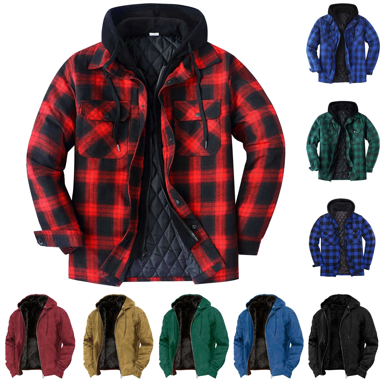 BiZtdJrK Men's Thicken Plaid Hooded Jacket Casual Button Down Fake 2 Piece Winter Coats Quilted Lined Hoodies with Chest Pockets, Blue, L