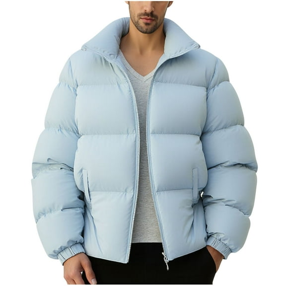 Men's Thicken Quilted Jacket Solid Color Stand Collar Winter Padded Coat with Pockets Warm Casual Outerwear Jackets Blue S