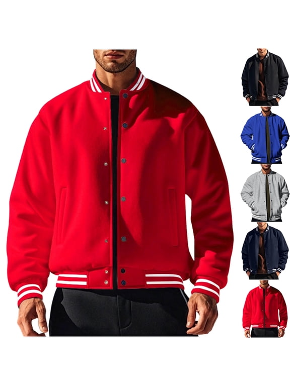 Men's Thicken Varsity Jacket Casual Letterman Bomber Coat Striped Trim Snap Button Down Athletic Outerwear for Fall Winter Fashion Streetwear, Red, XXL