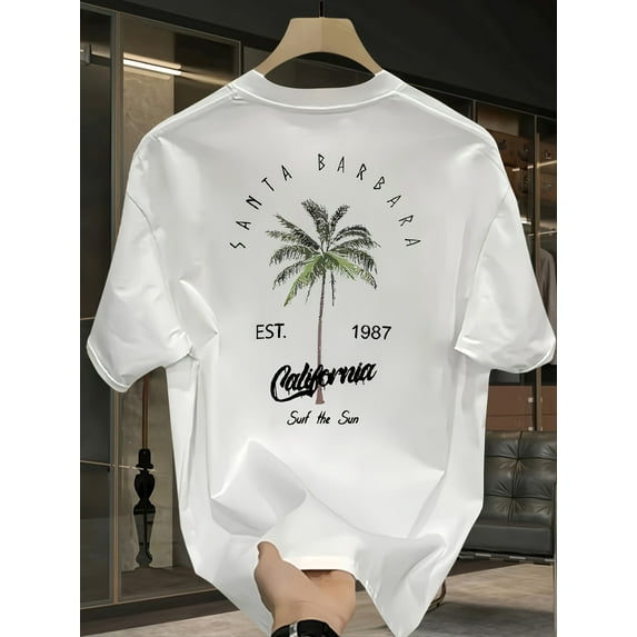 Men's Thickened 100% Cotton Vintage California Graphic T-Shirt - Santa Barbara Palm Trees and "Sound of the Sun" Print, Loose Large Size Spring and Summer Casual Short Sleeve T-Shirt,