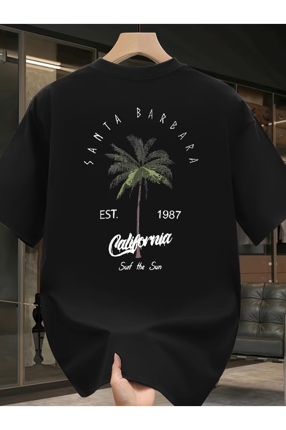 Men's Thickened 100% Cotton Vintage California Graphic T-Shirt - Santa Barbara Palm Trees and "Sound of the Sun" Print, Loose Large Size Spring and Summer Casual Short Sleeve T-Shirt,