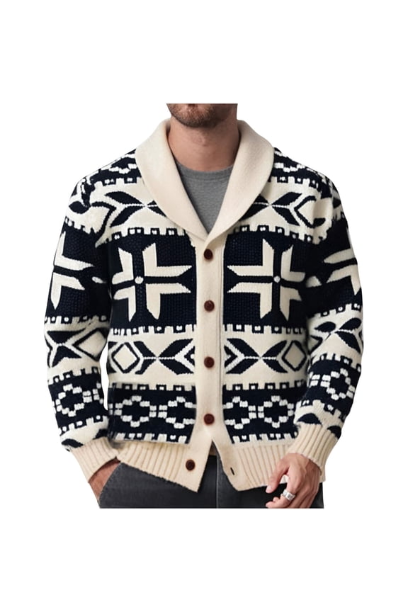 Men's Thickened Argyle Knit Sweater Coat Long Sleeve Lapel Collar V Neck Button Down Color Block Cardigan Outerwear Beige 3XL