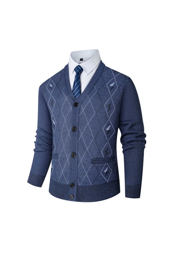 Men's Thickened Argyle Knit Sweater Coat V Neck Long Sleeve Button Down Cardigan Jacket Blue 2XL