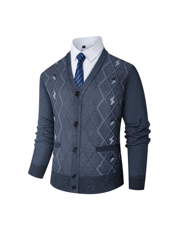 Men's Thickened Argyle Knit Sweater Coat V Neck Long Sleeve Button Down Cardigan Jacket Dark Gray XL