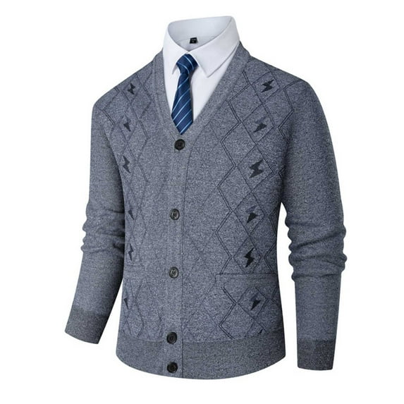 Men's Thickened Argyle Knit Sweater Coat V Neck Long Sleeve Button Down Cardigan Jacket Gray 3XL