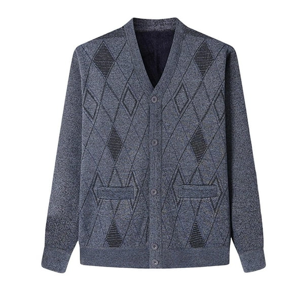 Men's Thickened Argyle Knit Sweater Long Sleeve Button Down V Neck Cardigan Coat Gray L