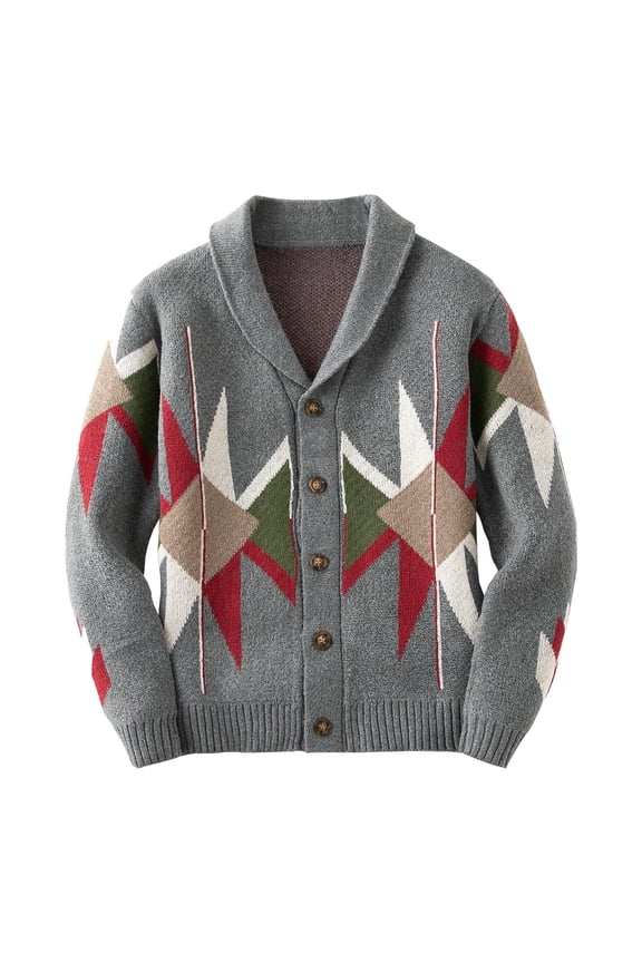 Men's Thickened Argyle Knit Sweater Long Sleeve Lapel Button Down Cardigan Outerwear Gray 3XL