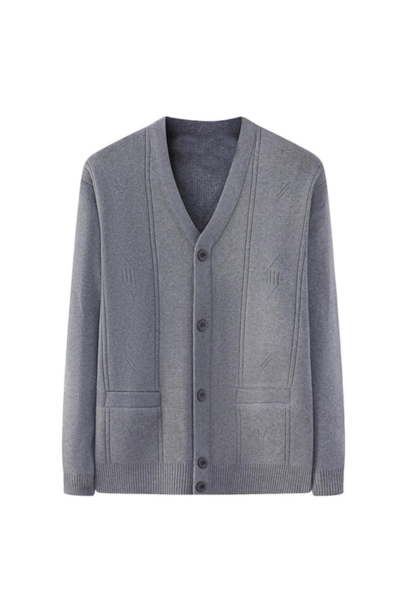 Men's Thickened Argyle Knit Sweater V Neck Button Down Long Sleeve Solid Cardigan Coat Dark Gray Free Size