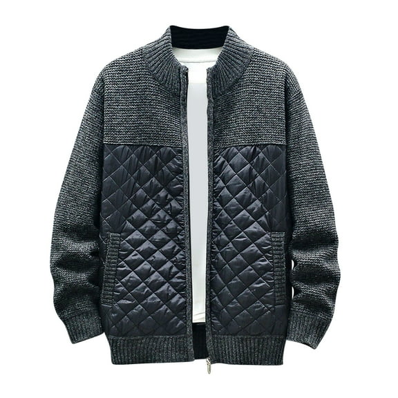 Men's Thickened Cardigan Sweater Jacket Stand Collar Color Matching Knitted Thicken Coat Long Sleeve Hoodless Casual Coat Black XXXL