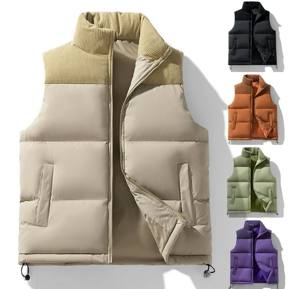 Men's Thickened Colorblock Full Zip Vest Fall Winter Warm Lightweight Stand Collar Sleeveless Vest for Outdoor Activities Gift,Green,S