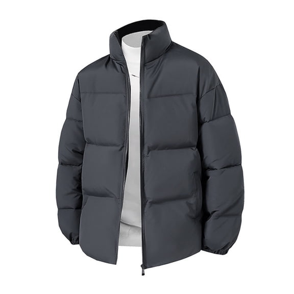 Men's Thickened Cotton Jacket - Solid Color Stand-Up Collar Loose Bread Coat, Long-Sleeve Zip-Up Warm Outerwear, Dark Gray, M
