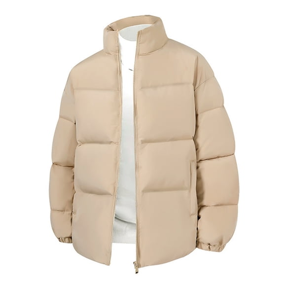Men's Thickened Cotton Jacket - Solid Color Stand-Up Collar Loose Bread Coat, Long-Sleeve Zip-Up Warm Outerwear, Khaki, M