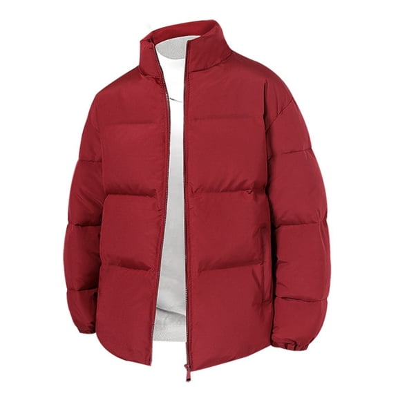 Men's Thickened Cotton Jacket - Solid Color Stand-Up Collar Loose Bread Coat, Long-Sleeve Zip-Up Warm Outerwear, Wine Red, M