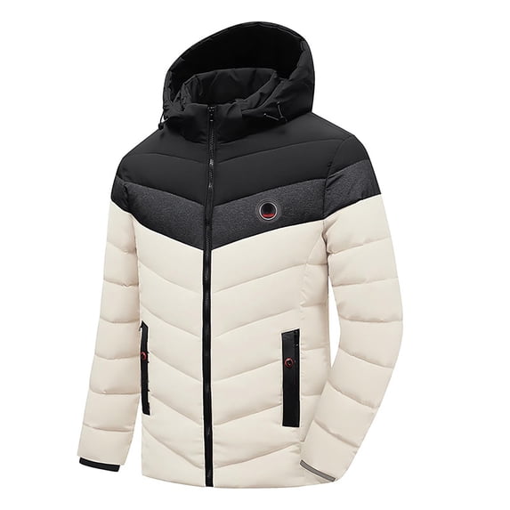 Men's Thickened Overcoat, Warm Winter Full Zipper Windproof Color Matching Detachable Hood Snow Jacket with Zippered Pocket