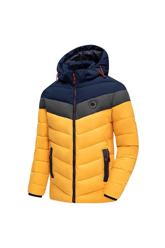 Men's Thickened Overcoat, Warm Winter Full Zipper Windproof Color Matching Detachable Hood Snow Jacket with Zippered Pocket