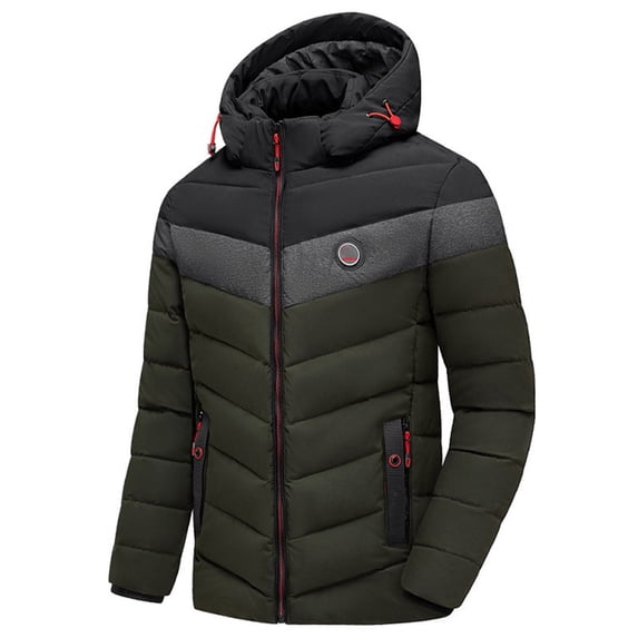 Men's Thickened Overcoat, Warm Winter Full Zipper Windproof Color Matching Detachable Hood Snow Jacket with Zippered Pocket