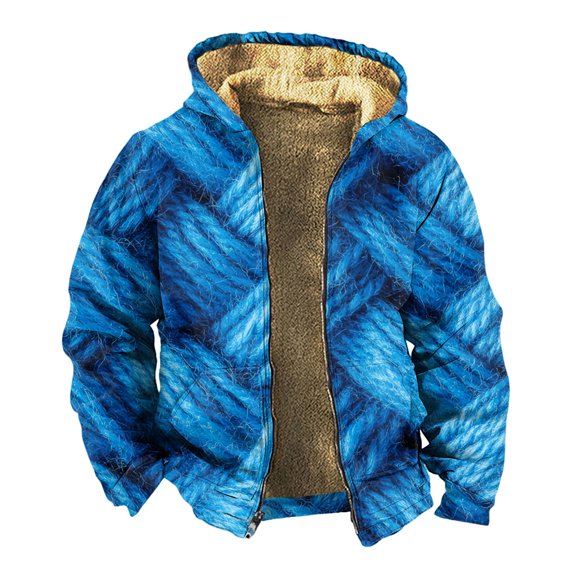 Men's Thickened Zipper Jacket, Double Pocket Insert Cotton Design with Print for Winter Warmth and Casual Outings,Blue,L