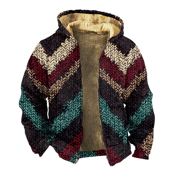 Men's Thickened Zipper Jacket, Double Pocket Insert Cotton Design with Print for Winter Warmth and Casual Outings,Coffee,S