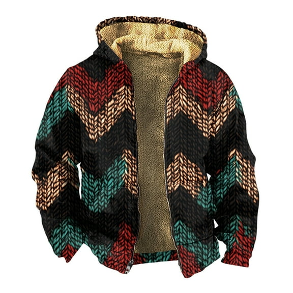 Men's Thickened Zipper Jacket, Double Pocket Insert Cotton Design with Print for Winter Warmth and Casual Outings,Coffee,S