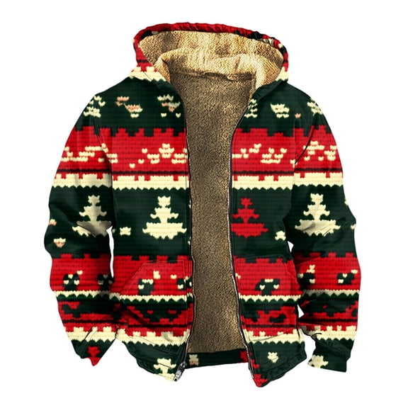 Men's Thickened Zipper Jacket, Double Pocket Insert Cotton Design with Print for Winter Warmth and Casual Outings,Green,S