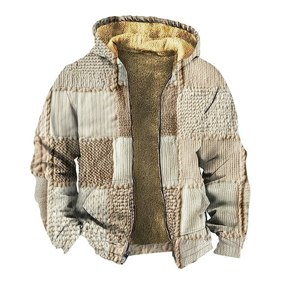 Men's Thickened Zipper Jacket, Double Pocket Insert Cotton Design with Print for Winter Warmth and Casual Outings,Light Brown,2XL