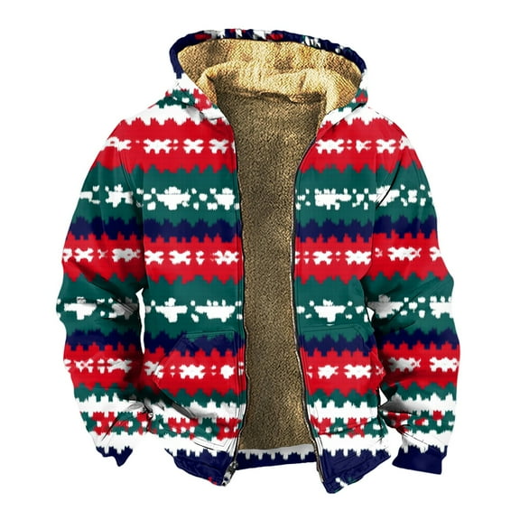 Men's Thickened Zipper Jacket, Double Pocket Insert Cotton Design with Print for Winter Warmth and Casual Outings,Red,S