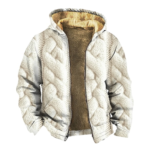 Men's Thickened Zipper Jacket, Double Pocket Insert Cotton Design with Print for Winter Warmth and Casual Outings,White,L