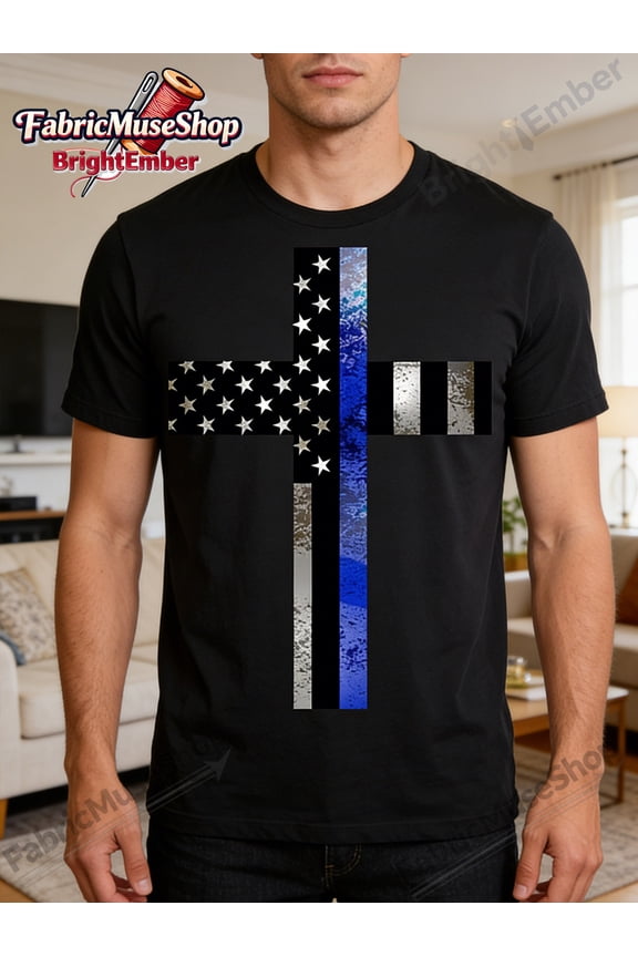Men's Thin Blue Line American Flag Cross T-Shirt - Patriotic Law Enforcement Support Christian Religious Graphic Tee - Distressed Vintage Style Black Apparel