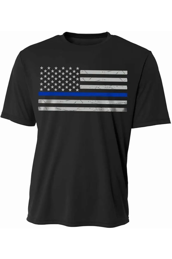 Men's Thin Blue Line American Flag T-Shirt Distressed Police Support Law Enforcement Patriotic Black Tee