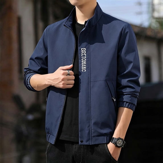 Men's Thin Casual Jacket, Stand Up Collar Workwear Zipper Coat With Pocket, Solid Color Lightweight Outerwear For Spring Blue Xxs