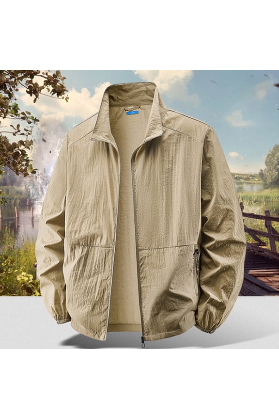 Men's Thin Outdoor Jackets Sports Casual Lightweight Loose Long Sleeve Stand Collar Outwear Hiking Jacket Khaki 3XL