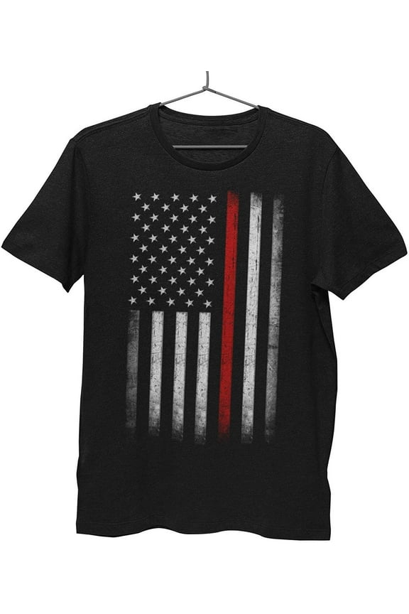 Men's Thin Red Line Flag Tee American Patriot Firefighter Support Shirt Black, 2X-Large