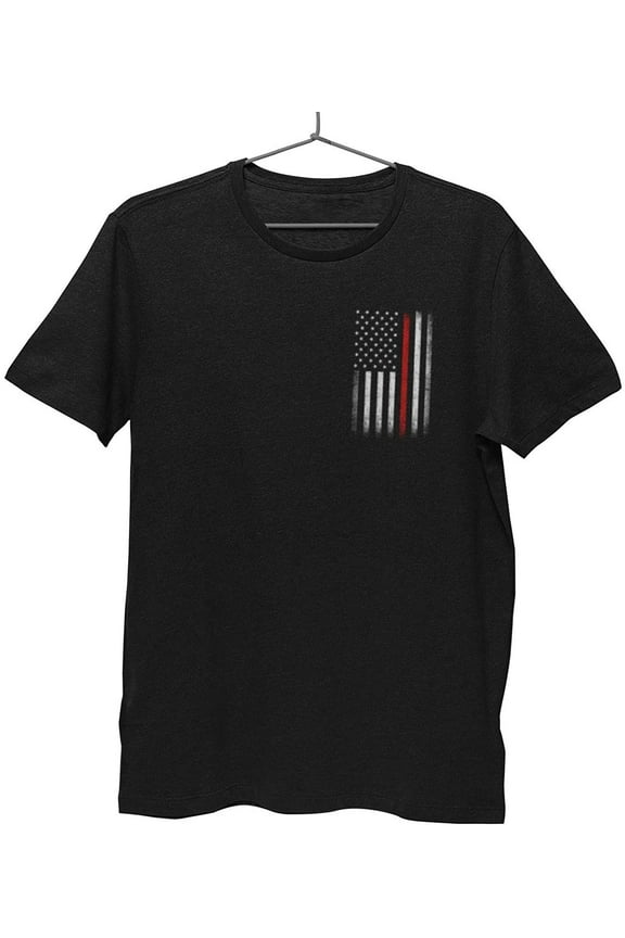 Men's Thin Red Line Flag Tee American Patriot Firefighter Support Shirt Black - Chest & Back, Large