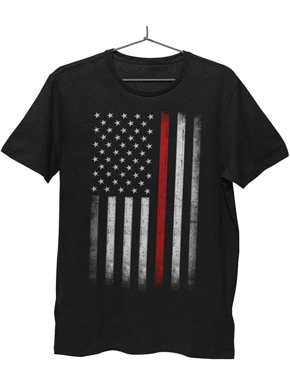 Men's Thin Red Line Flag Tee American Patriot Firefighter Support Shirt Black, Large
